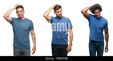 Collage of group of hispanic and african american men over isolated background confuse and wonder about question. Uncertain with doubt, thinking with  Stock Photo