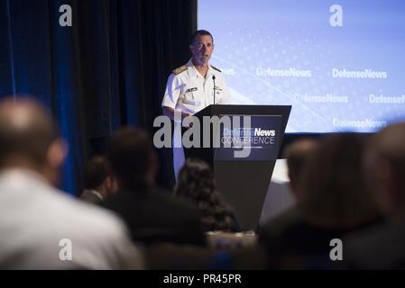 Va. (Sept. 5, 2018) Chief of Naval Operations Adm. John Richardson delivers remarks at the second annual Defense News Conference in Arlington, Va. Richardson discussed global naval great power competition and the Navy’s role within the National Defense Strategy. Stock Photo