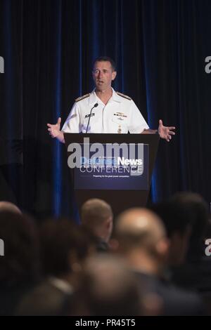 Va. (Sept. 5, 2018) Chief of Naval Operations Adm. John Richardson delivers remarks at the second annual Defense News Conference in Arlington, Va. Richardson discussed global naval great power competition and the Navy’s role within the National Defense Strategy. Stock Photo