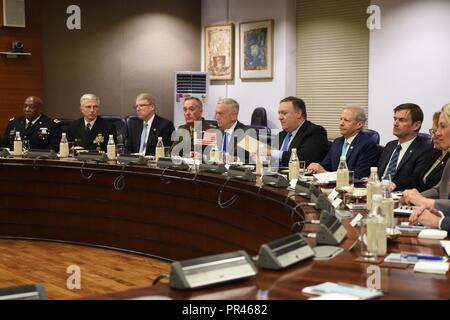 U.S. Secretary of Defense James N. Mattis and U.S. Secretary of State Michael Pompeo take part in the first ever U.S.-India 2+2 ministerial dialogue with their Indian counterparts, at the Ministry of Foreign Affairs Jawaharlal Nehru Bhawan, New Delhi, India, Sept. 6, 2018. Stock Photo