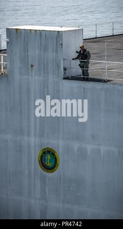 SAN DIEGO (September 10, 2018) Aviation Boatswain’s Mate (Handling) Airman Damian Cody, assigned to the aircraft carrier USS Theodore Roosevelt (CVN 71), stands watch on a non self-propelled barracks ship. Theodore Roosevelt is currently moored in San Diego undergoing a scheduled Planned Incremental Availability. Stock Photo