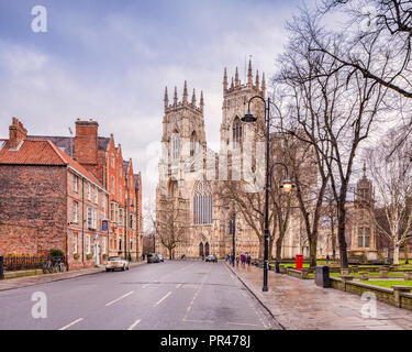 The West facade of York Minster, seen in winter from Duncombe Place. Stock Photo