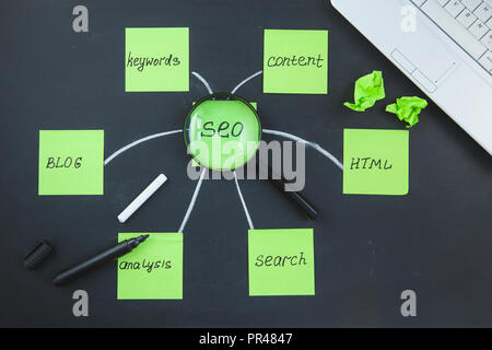SEO Search engine optimization concept Paper notes on a dark background with inscriptions Stock Photo