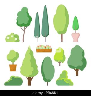 Cartoon bush and tree set. Vector trees and bushes isolated on white background, nature green forest plants for hedge or cute landscape. Stock Vector