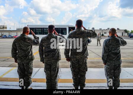 U.S. Army Brig. Gen. Jemal J. Beale, The Adjutant General of New Jersey, and Command Sgt. Maj. Earnest Williams, State Command Sgt. Maj. of the NJ Army National Guard, visit the 177th Fighter Wing, New Jersey Air National Guard, Sep. 6, 2018, in Egg Harbor Twp., N.J. Their visit included stops at the 227th Air Support Operations Squadron, 177th Fire Department, Maintenance Group and Operations Group, along with tours of the 177 FW Aerospace Control Alert facility and Explosive Ordnance Disposal shop. Stock Photo