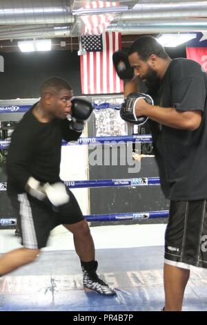 Spc. Michael Nickerson, an armor crewman and the brigade executive officer’s driver for 3rd Armored Brigade Combat Team 1st Armored Division, goes through his paddle drills with Terry Green at Terry Green’s Boxing Academy. Stock Photo