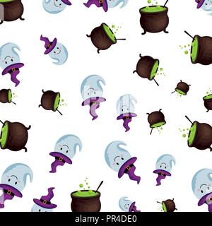 happy halloween cauldrons and ghosts pattern vector illustration design Stock Vector