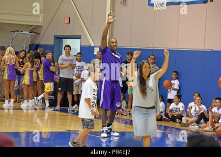 Former NBA champion Metta World Peace (Ron Artest) gave a lesson in defense to defenders at March Air Reserve Base, California, appearing at a Los Angeles Lakers military appreciation event September 9, 2018. March ARB is the home of the 452d Air Mobility Wing of the Air Force Reserve Command and the 163d Attack Wing of the California Air National Guard, among other military units. Stock Photo