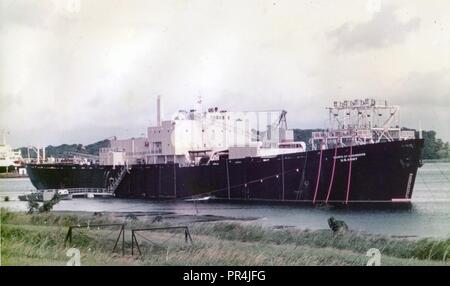 Undated image of STURGIS operating in the Panama Canal Zone. The STURGIS, a former World War II Liberty Ship, was converted into the first floating nuclear power plant in the 1960s. Before being shutdown in 1976, the STURGIS’ nuclear reactor, MH-1A, was used to generate electricity for military and civilian use in the Panama Canal. Stock Photo