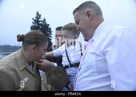 Wash. (Sept. 14, 2018) - Chief Mass Communication Specialist Gretchen Albrecht, a native of Chino Hills, Calif., is pinned with her chief petty officer (CPO) anchors by her father, husband, and sons during Naval Hospital Bremerton's (NHB) CPO pinning ceremony. During the ceremony, five Sailors from NHB received their anchors. Stock Photo