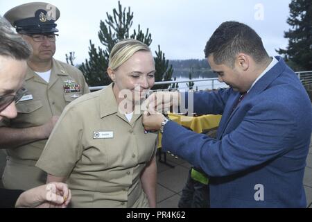 Wash. (Sept. 14, 2018) - Chief Hospital Corpsman Jenny Singer, a native of Glen Rock, Penn., is pinned to the rank of chief petty officer (CPO) by her husband, children, and mother during Naval Hospital Bremerton's (NHB) CPO pinning ceremony. During the ceremony, five Sailors from BNH received their anchors. Stock Photo