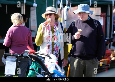 Malvern Autumn Show, Malvern, Worcestershire UK - Saturday 29th September 2018 - Visitors enjoy an ice cream among the garden tool section on a warm and sunny autumn day - Photo Steven May / Alamy Live News Stock Photo