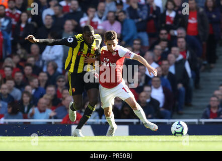 London, UK. September 29, 2018. Abdoulaye Doucoure (W) Lucas Torreira (A) at the English Premier League game between Arsenal and Watford at The Emirates Stadium, London, on September 29, 2018. **This picture is for editorial use only** Credit: Paul Marriott/Alamy Live News