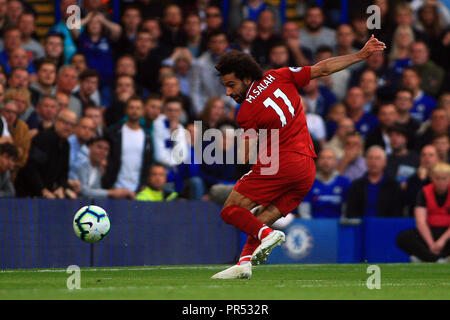 London, UK. 29th September 2018. Mohamed Salah of Liverpool takes a shot at goal. Premier League match, Chelsea v Liverpool at Stamford Bridge in London on Saturday 29th September 2018.  this image may only be used for Editorial purposes. Editorial use only, license required for commercial use. No use in betting, games or a single club/league/player publications. pic by Steffan Bowen/ Andrew Orchard sports photography/Alamy Live news Stock Photo