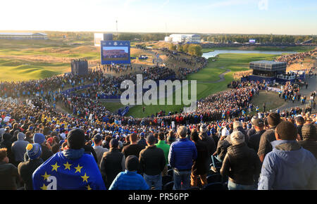 Team Europe's Paul Casey tees off the 1st during the Fourballs match on day two of the Ryder Cup at Le Golf National, Saint-Quentin-en-Yvelines, Paris. Stock Photo