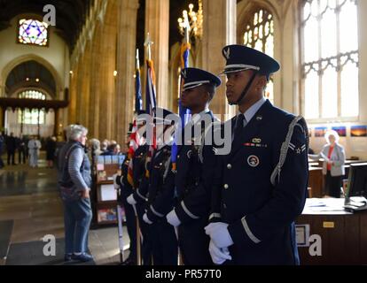 U.S. Air Force Honor Guard Airmen, assigned to Royal Air Force Lakenheath, stand inside St Mary’s Church during a Battle of Britain Remembrance Ceremony in Bury St. Edmunds, England, Sept. 16, 2018. Airmen from the 100th Air Refueling Wing at RAF Mildenhall, along with RAF and community members, also participated in the event. Stock Photo