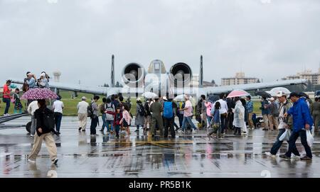 An A-10 Thunderbolt II is on static display during the Japanese-American Friendship Festival at Yokota Air Base, Japan, Sept. 15, 2018. The festival allowed visitors to interact with aircrew and receive a first-hand view of what it's like inside of Japan Air Self-Defense Force and American aircraft. (Senior Airman Gabrielle Spalding) Stock Photo