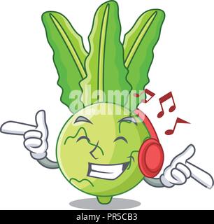 Listening music cooking food fresh organic kohlrabi cartoon Stock Vector