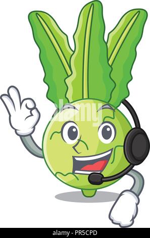 With headphone fresh cabbage kohlrabi on the mascot Stock Vector