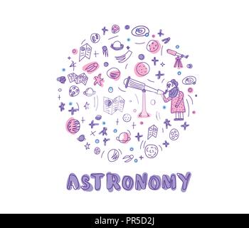 Vector design of astronomer and astronomic objects. Round handdrawn composition with handwritten lettering. Stock Vector