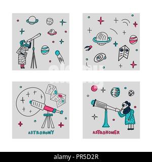 Set of square cards. Vector design of astronomer and astronomic objects. Stock Vector