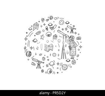 Vector circle design of astronomer and astronomic objects. Stock Vector