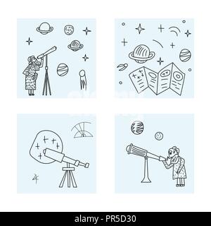 Vector design of astronomer and astronomic objects. Stock Vector