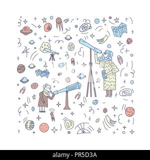 Vector design of astronomer and astronomic objects. Stock Vector