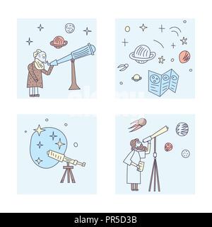 Vector design of astronomer and astronomic objects. Stock Vector