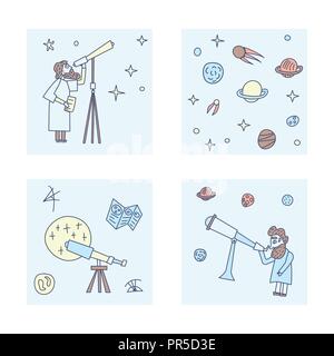 Vector set of design of astronomer and astronomic objects. Stock Vector