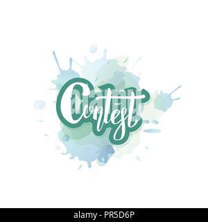 Contest card for social media networks. Handwritten stickers lettering with decoration. Quiz invitation flyer. Contest lettering with watercolor splas Stock Vector