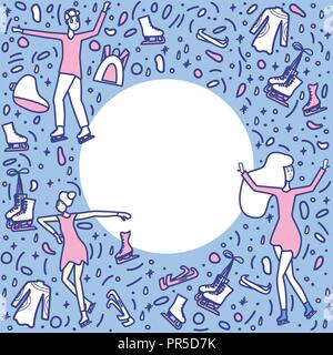 Figure skating concept. Template with sport objexts and skaters with empty space for text. Vector handwritten illustration. Stock Vector