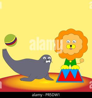 Funny seal playing with a ball and a lion sitting on a pedestal in the circus. Stock Vector