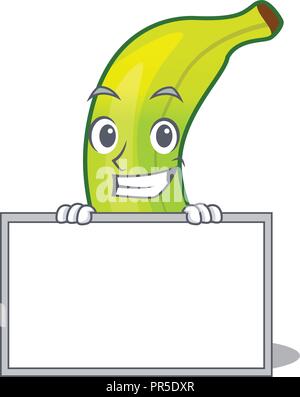 Grinning with board green banana cartoon in the market Stock Vector