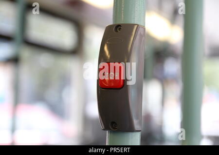 Red emergency button or stop button for Hand press Emergency Stop Stock Photo