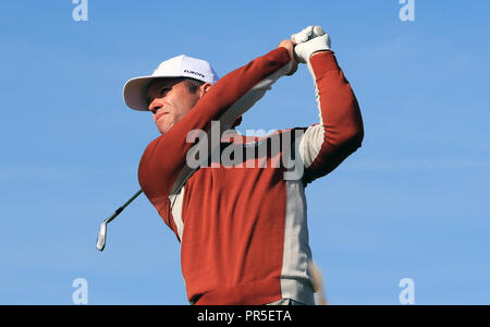 Team Europe's Paul Casey on the 13th tee during the Fourballs match on day two of the Ryder Cup at Le Golf National, Saint-Quentin-en-Yvelines, Paris. Stock Photo