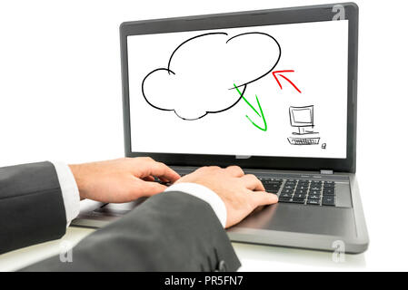 Close-up of the hands of a businessman typing on the keyboard of a laptop with the screen displaying an illustration of the cloud computing concept. Stock Photo