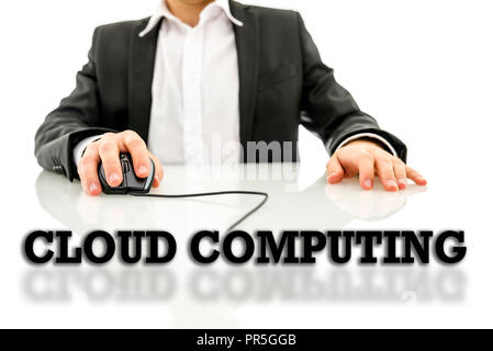 Cloud computing text on a reflective surface with a businessman using a wired computer mouse in the background conceptual of an online database and gl Stock Photo