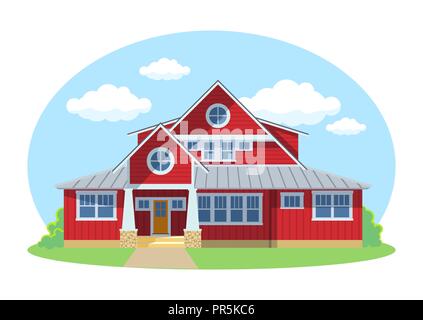 Red cartoon house exterior with blue clouded sky Front Home Architecture Concept Flat Design Style. Vector illustration of Facade Building Stock Vector