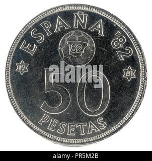 Old Spanish coin of 50 pesetas, Juan Carlos I. Year 1980.  19 81 in the stars. España 92. Reverse. Stock Photo