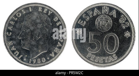 Old Spanish coin of 50 pesetas, Juan Carlos I. Year 1980.  19 81 in the stars. EspaÃ±a 92. Stock Photo