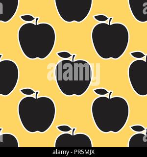 Apple black silhouette sticker on a gold background. Seamless pattern. Vector illustration. Stock Vector
