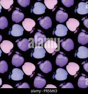 Purple and blue apples seamless pattern. Different colors are delicious. Vector illustration isolated on black background. Stock Vector