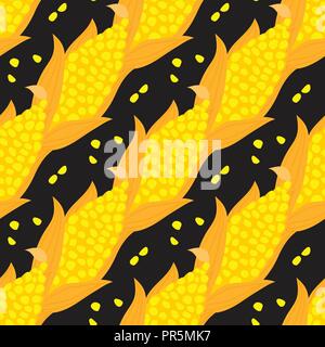 Cartoon ear of corn seamless pattern. Vector ilustration isolated on black background. Stock Vector
