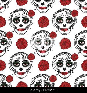 Catrina woman with make up of sugar skull. Seamless pattern. Dia de los muertos. Mexican Day of the dead. Vector illustration hand drawing Stock Vector