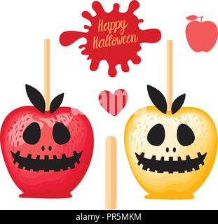 Apple with red and yellow caramel Sweet candy on sticks. Happy Halloween dessert. Vector illustration on white background. Stock Vector