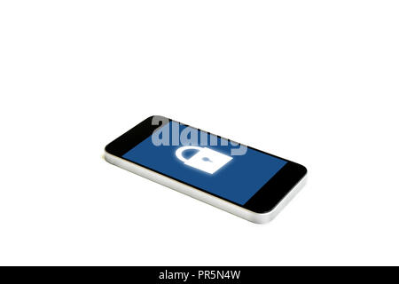 Mobile smart phone with lock icon on screen, isolated on white background. Internet safety and mobile security system technology Stock Photo