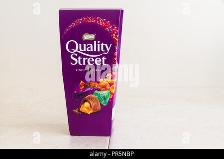 Illustrative editorial of a carton of Nestle Quality Street sweets, with copyspace – Bournemouth, United Kingdom – June 15th, 2018 Stock Photo