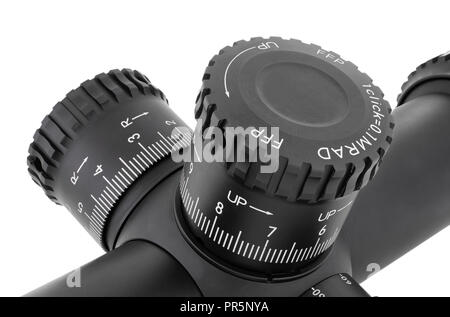 Tactical style knob used on a rifle scope isolated on white Stock Photo