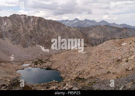 High angle view looking south from Glen Pass,  John Muir Trail/Pacific Crest Trail; Sequoia Kings Canyon Wilderness; Kings Canyon National Park; Sierr Stock Photo